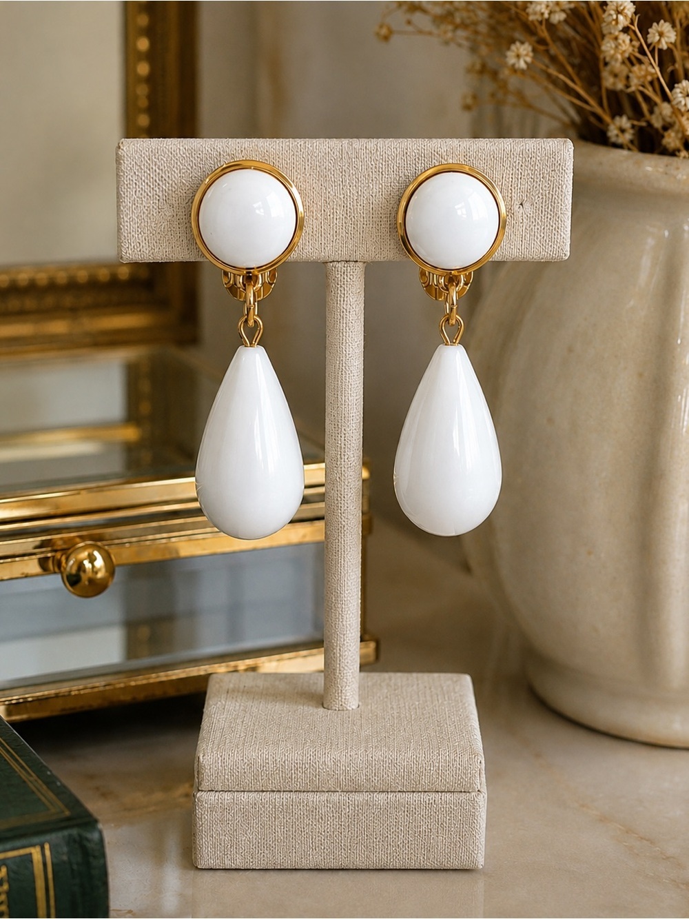 Vintage Monet Dangly Earrings White Acrylic Gold Tone 1.5" Drops Clip On Signed